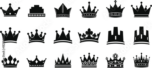 Collection of various crown silhouettes in black and white vector graphics