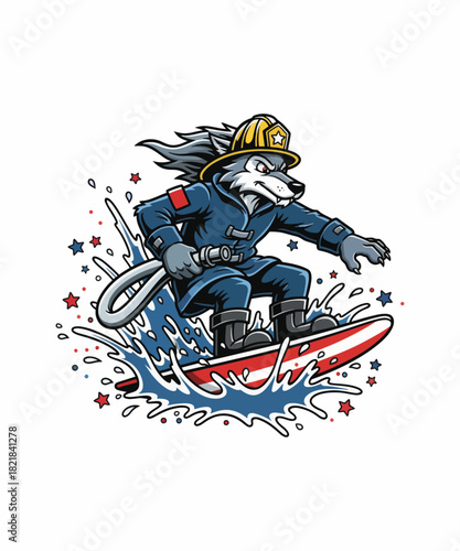 Cartoon Wolf Firefighter Surfing Wave with Patriotic Star Accents Bold and Energetic Illustration