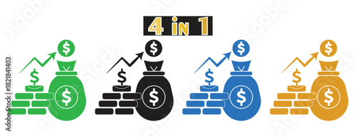 Financial Savings and Investment Growth Icon Set, Money Bag with Rising Dollar Chart