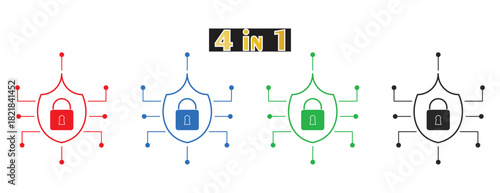 Digital Data Security and Cybersecurity Shield Icon Set, Padlock with Circuitry Connection