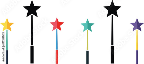 Colorful stars with black wand like sticks pointing upwards in a simple design