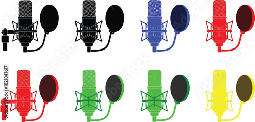 Colorful studio microphones arranged in a grid showcasing different hues