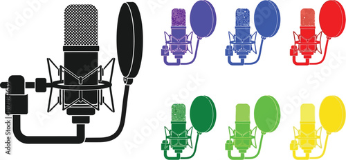 Colorful studio microphones set in various shades displaying audio recording equipment
