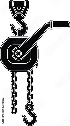 Black silhouette of a chain hoist with a hook and gear mechanism