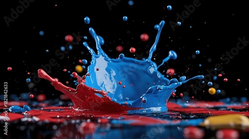 Dynamic splashes of vibrant red and blue paint capture movement and energy, embodying the essence of creativity and artistic expression in a visually stunning display.