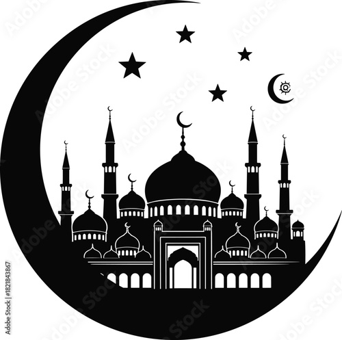 Islamic mosque silhouette, crescent moon, stars, spiritual architecture, Eid celebration, Ramadan design, religious vector, black and white, Muslim culture, sacred place