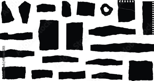 Collection of black paper torn pieces isolated on white background