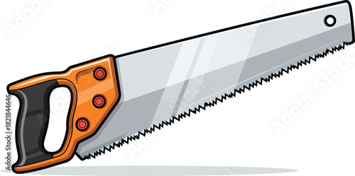 Hand saw illustration with orange handle and silver blade on white