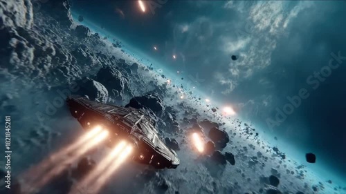 A spacecraft soars through an asteroid field near a planet with a blue atmosphere