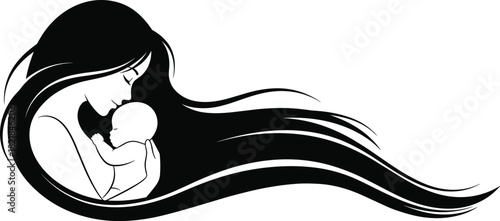 Mother holding baby vector, maternal love illustration, emotional bond artwork, black and white silhouette, minimalist style, motherhood concept, family care design