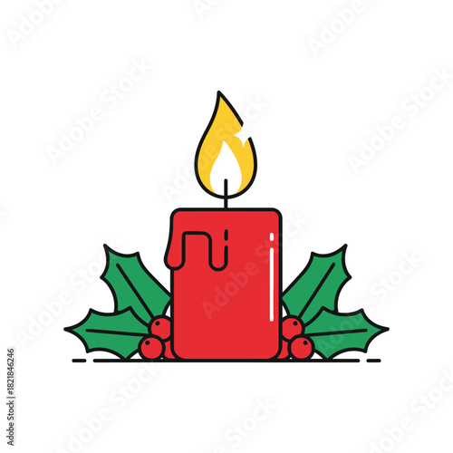 Vibrant red candle with holly, symbolizing festive winter cheer