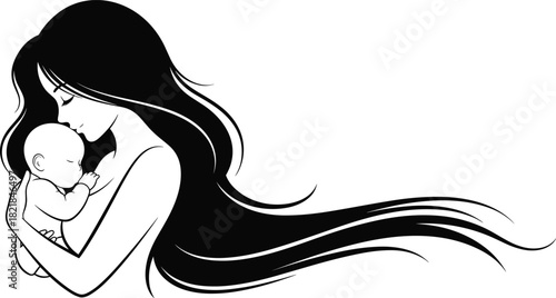 Mother holding baby, emotional bonding, maternal love, silhouette art, black and white vector, family care, motherhood concept, minimalist illustration, touching moment