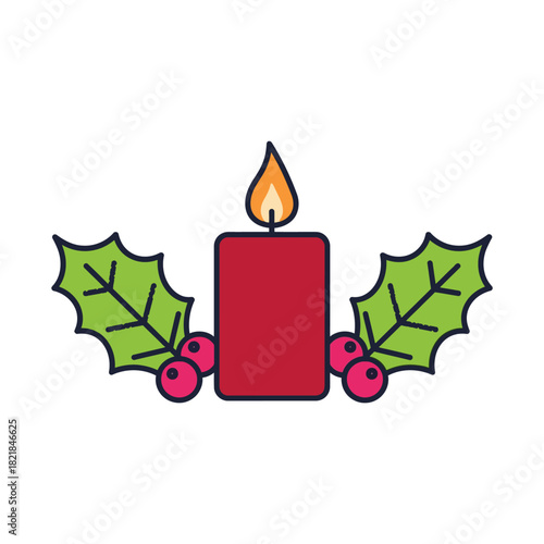 Warm Holiday Candlelight with Festive Holly and Berries Illustration
