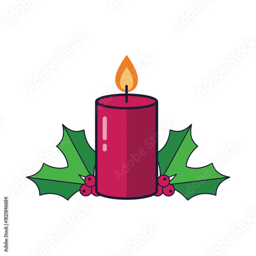 Festive Holiday Candle with Holly Leaves and Warm Glowing Flame