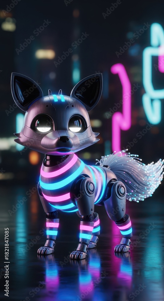 Obraz premium Mechanical canine companion exhibits bright neon striping in a dark urban setting