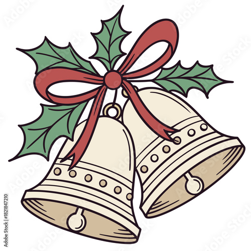 Christmas Holiday Bells with Bow and Holly Festive Icon Illustration