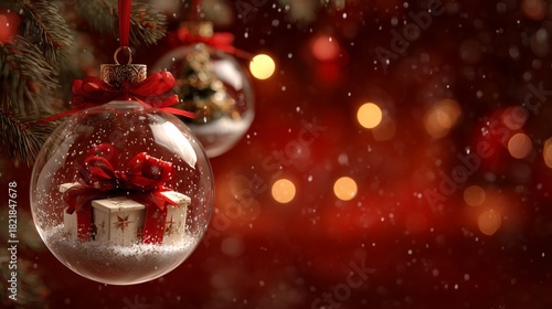 transparent Christmas ornament ball hanging on a tree, containing a white gift box with Christmas tree, festive holiday lighting, realistic lighting, and bokeh highlights.