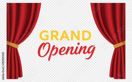 Announce your special event with this grand opening design featuring classic red curtains and bold lettering, perfect for marketing or promotions