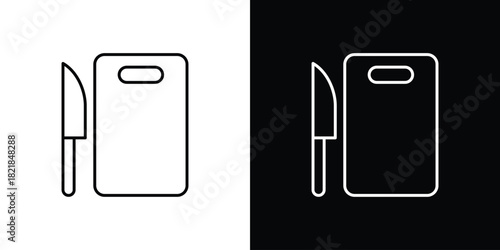 Cutting board and knife icons isolated outline vector icon with editable stroke