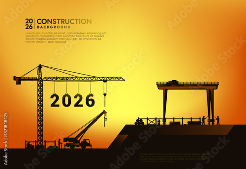 2026 new year new beginning sun rising construction vector design with silhouette of workers, construction tools and 2026 text with moon light in the back, labor design with 2026 concept