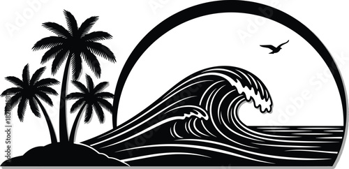 Tropical island paradise with palms wave and bird silhouette graphic