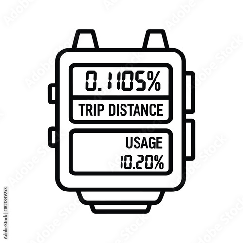 Black and white icon of a digital gauge showing trip distance and usage