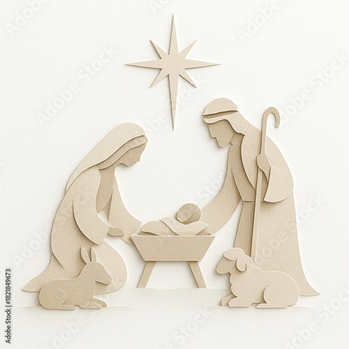 Modern minimalist nativity torn vector Mary Joseph manger star animals white background illustration