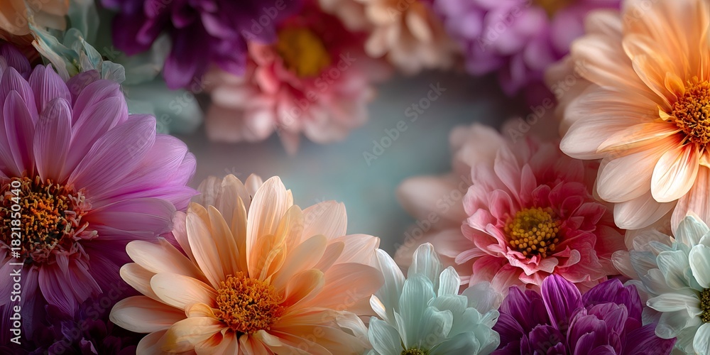 Obraz premium Colorful dahlia flowers framing a soft blue background