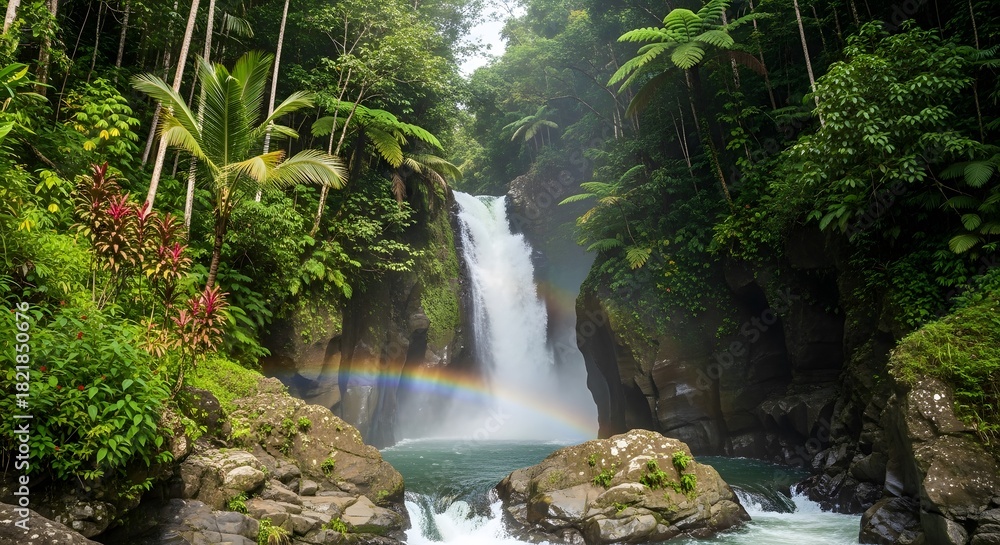 Naklejka premium Majestic tropical waterfall cascading into a pristine jungle pool, adorned with a vibrant rainbow under a canopy of lush green foliage and towering palm trees
