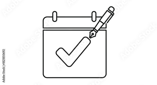 Line art illustration depicts a calendar page with a pen and check mark