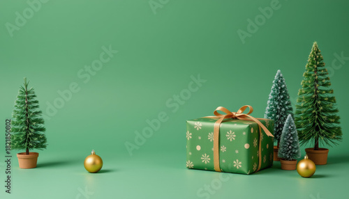 Green Christmas gift box with golden ribbon and small pine trees with golden baubles on green background