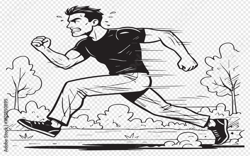 Dynamic line art of determined man sprinting outdoors for fitness, health, and wellness projects needing powerful, energetic imagery, action, and movement