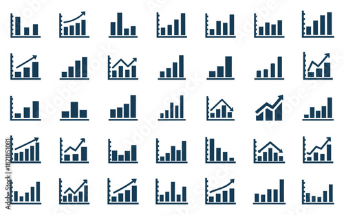 Collection of dark blue bar chart icons showing growth and decline graph data