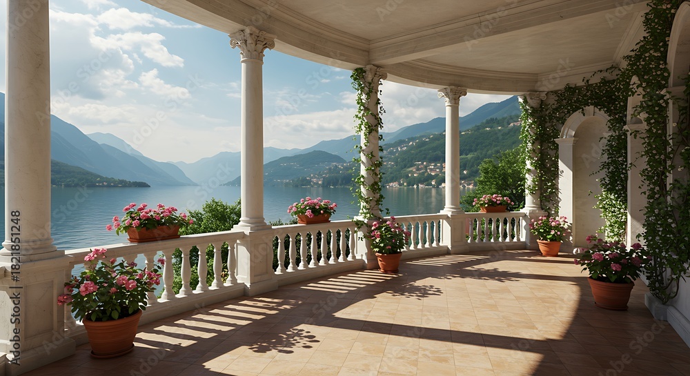 Obraz premium Elegant terrace overlooking scenic lake and mountain landscape for vacation getaway