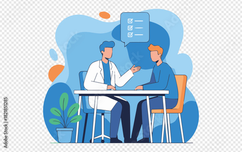 Doctor consulting patient with checklist in modern office setting, offering wellness and healthcare solutions for improved health and well being today