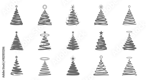 This minimalist spiral Christmas tree set features a clean, modern, and stylish collection of black and white holiday illustrations designed for premium creative projects. Each tree is crafted with el