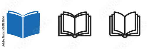 open book icons set featuring simple line art illustrations, modern flat style graphics,