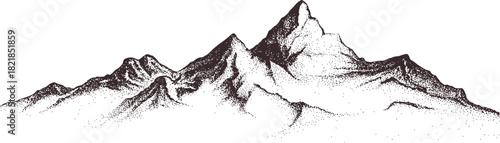 Black and white stippled mountain range drawing peak 1