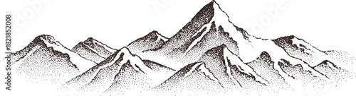 Black and white stippled mountain range drawing peak