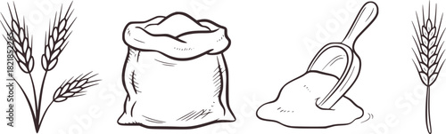 Wheat stalks bag and scoop of flour grain agriculture