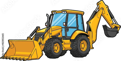 Cartoon illustration of a yellow backhoe loader construction vehicle on white background