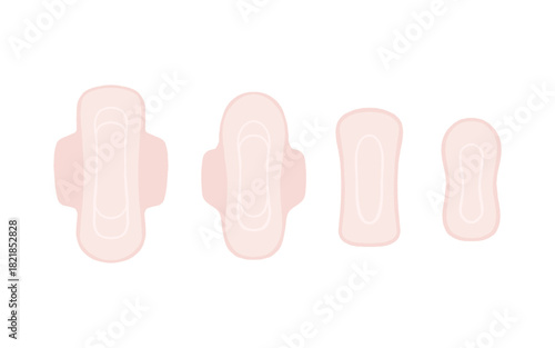 Women hygiene pads set. Hygiene pads types, feminine hygiene sanitary napkin products. Personal hygiene elements in flat style.