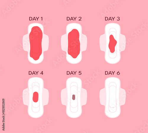 Bleeding Menstrual Period on Pad. Heavy and Light Menstrual Period. Female Sanitary Napkins with Blood. Frequency and Periodicity of Menstrual Cycle icons. Vector illustration.