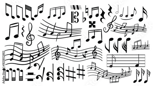 High quality vector illustration of a music notes icon set featuring treble clef, bass clef, staff lines and various rhythm and melody symbols. Clean black music icons isolated on white background