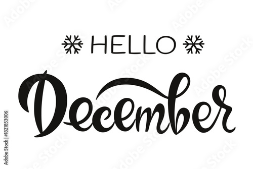 Handwritten, hello December, lettering message. December welcome quote. Modern lettering. Design for cards, banners, posters.	