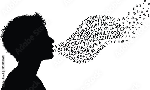 Silhouette profile with swirling speech symbols, communication concept, language expression, digital voice stream, typography art, abstract vocal data, vector illustration