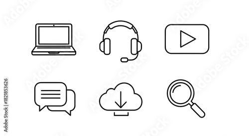A versatile collection of line icons representing digital communication, media streaming, and online technology services for modern web design