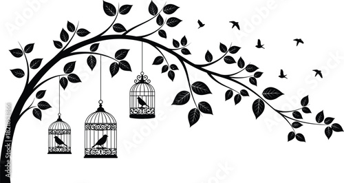 Silhouette tree branch with ornate birdcages, flying birds, freedom and confinement concept, decorative nature design, black vector art, elegant composition