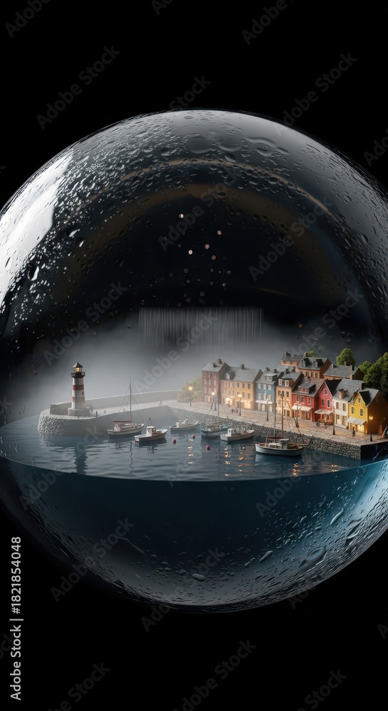 Fototapeta premium Miniature coastal village scene enclosed within a water sphere against a dark background