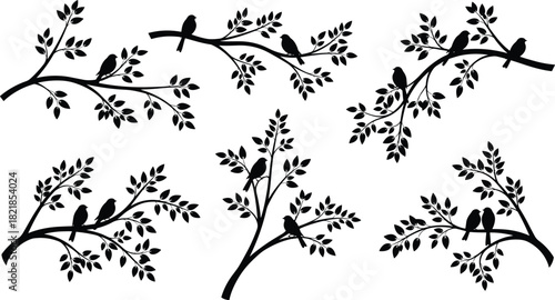 Silhouette tree branches with birds, minimalist nature vector, black leaf branch design, perched birds clipart, decorative wildlife illustration, isolated elements